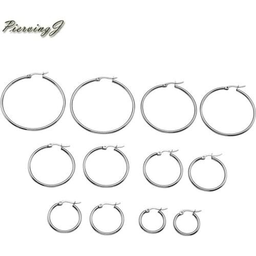 PiercingJ Women Silver color 2mm Stainless Steel Polished Ear Stud Flat Round Hoop Earring Jewelry Gift