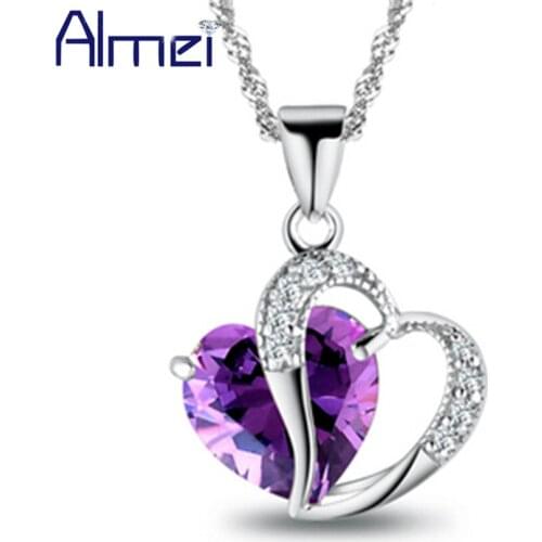 Almei Love Heart Blue Pink Crystal Pendant Necklace for Women Best Friends Gift Silver Color Long Necklaces Jewelry Bijoux N673