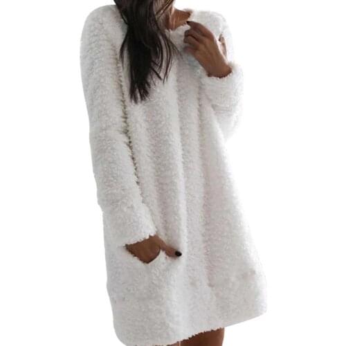 Women Autumn Winter Solid Color O Neck Simple Elegant Ladies Dress 2021 Long Sleeve Pocket Plush Mini Loose Warm Dress Vestidos