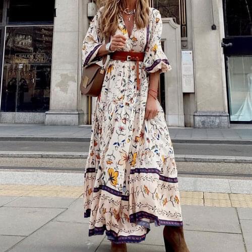 Half Sleeve Vintage Printing Dresses Bohemian A-Line Casual V Neck Women Maxi Dress Spring Summer Vacation Holiday Sundress 2021