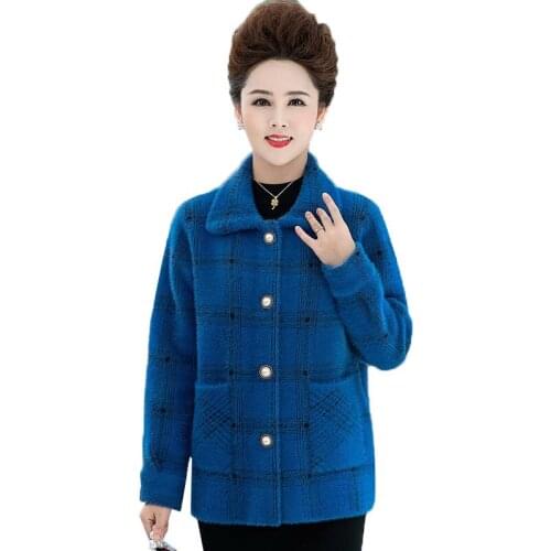 Women Middle-Aged Mother Autumn Winter Mink Woolen Coat Short Plus Size New Female Casual Lattice Woolen Outerwear Top R817