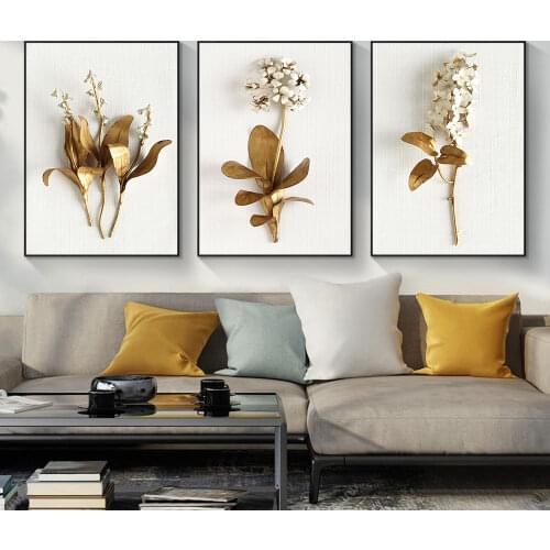 Golden plant leaves and flowers canvas painting Wall Pictures for Living Room Nordic Wall art Decoration Pictures morden decor
