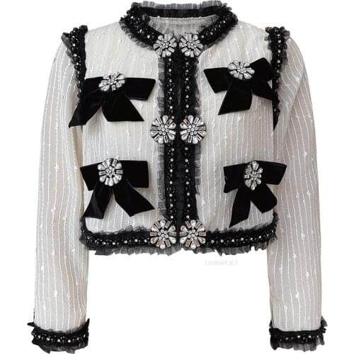 2021 Sequins Cardigan Women Luxury Long Sleeve Slim Short Jacket Coat Retro Beaded Sexy diamond bow Lace Coat Tops