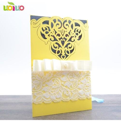 50Pcs yellow pocket Wedding Party Romantic Invitation card Laser Cut Delicate Carved Pattern Wedding Invitations Party Supplie