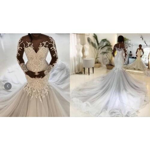 African 2021 Mermaid Wedding Dresses Plus Size Long Sleeve Lace Appliques Bridal Gowns For Black Girls