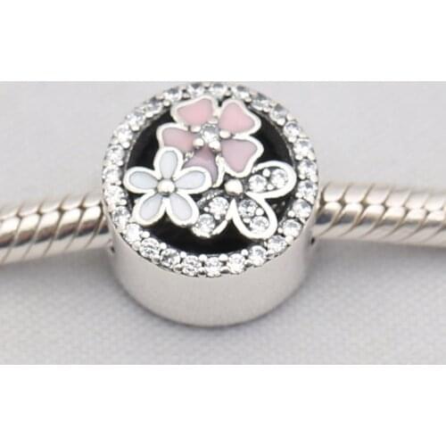 Authentic S925 Sterling Silver DIY Jewelry Poetic Daisy Charm for Women Bracelet Bangle Lady Gift Enamel Clear CZ Bead