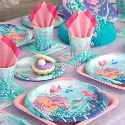 Mermaid Party Banner Paper Plates Cups Straws Under the Sea Disposable Tableware Set Kid Birthday Party Decoration Supplies
