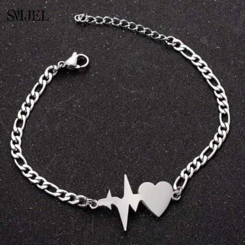 SMJEL Fashion ECG Stainless Steel Bracelet Women Big Chuncky Chain Heart Charm Bracelet Bangle Doctor Jewelry armbanden