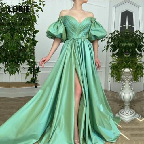 LORIE Long Green Prom Dresses 2021 Off the Shoulder Short Puff Sleeves A-Line Pleats Arabic Wedding Party Gown Graduation Dress