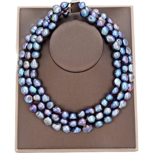 GG Jewelry 3 Strands Natural 12-15mm Black baroque Necklace