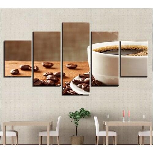 Canvas HD Prints Pictures Kitchen Restaurant Wall Art Framework Poster 5 Pieces Coffee Beans And Coffee Cup Paintings Home Decor