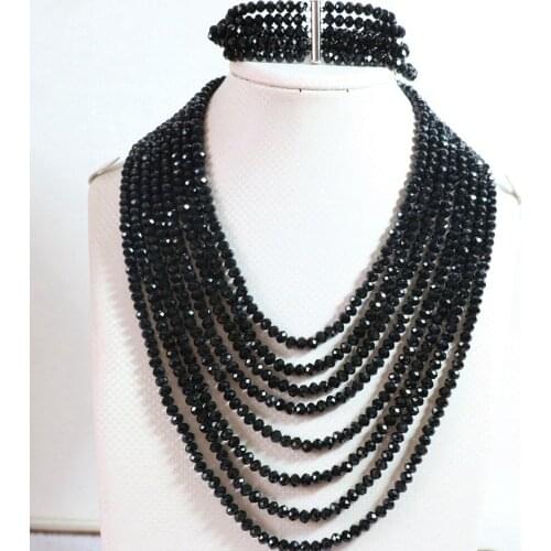 Hot sale black crystal glass 4x6mm beads 8 rows chain necklace 5 rows bracelet jewelry set B849