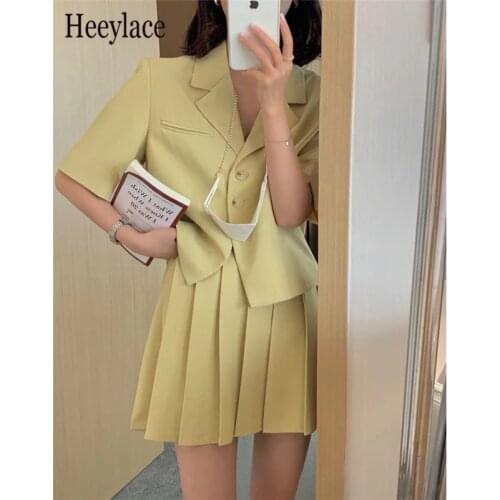 Korean Chic Casual Female Solid Two Piece Sets Short Jacket And Pleated Skirt Women Sets 2021 Summer