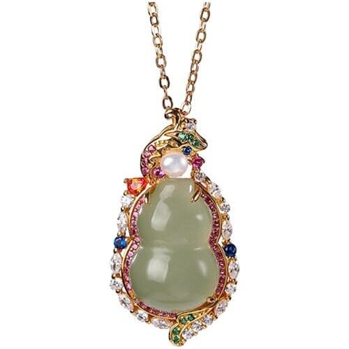 S925 sterling silver gold plated Hetian jade Gray jade Pearl Pendant Personality Temperament Gourd Sweater chain pendant