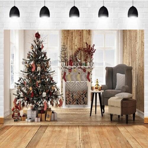 Laeacco Indoor Christmas Tree Wooden Board Gift Baby Birthday Portrait Photo Background Photographic Backdrop For Photo Studio