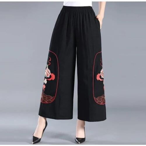 Summer Embroidered Culottes Retro Loose Ankle Lengtht Pants Female Plus Size Wide-Leg Pant Mom Straigh Leg Pants Female Cotton