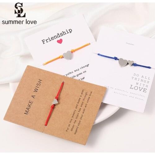Fashion Stainless Steel Heart Charm Friendship Wish Bracelet with Card Lucky Jewelry Adjustable Red String Rope Bracelets Women