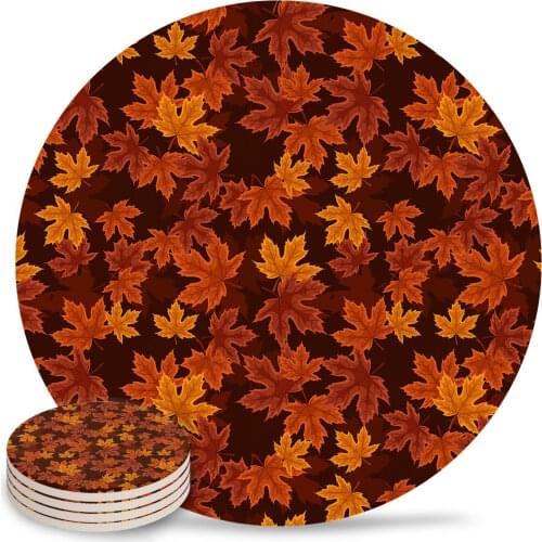 Autumn Maple Leaf Texture Round Coaster Coffee Table Mats Kitchen Accessories Absorbent Ceramic Coasters