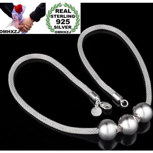 OMHXZJ Wholesale Personality Fashion OL Woman Girl Party Gift Silver Round Beads Mesh Chain 925 Sterling Silver Necklace NC10