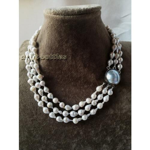 3Strands 17'' 8mm Reborn Teardrop White Freshwater Pearl Mabe Clasp Necklace
