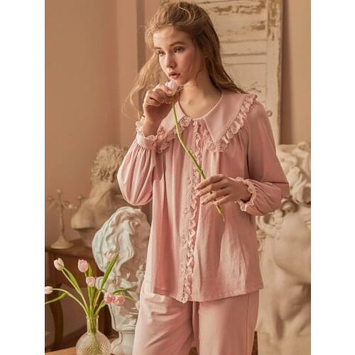 Vintage Cotton Womens Pajamas Sets Long Sleeve Loose Sleepwear Lovely Girls Night Suits Comfortable Home Clothes