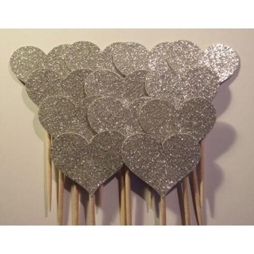 Silver Glitter Heart Balloon cupcake toppers Wedding Food treat Picks Bridal shower Bachelorette party decorations