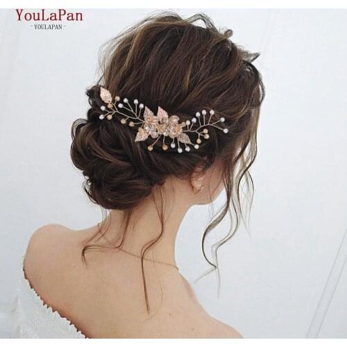 TOPQUEEN HP134 Fashion Bridal Hair Ornaments Gold Leaf Crystal Wedding Hair Comb Floral Hair Clip Pearl Personalized hair comb