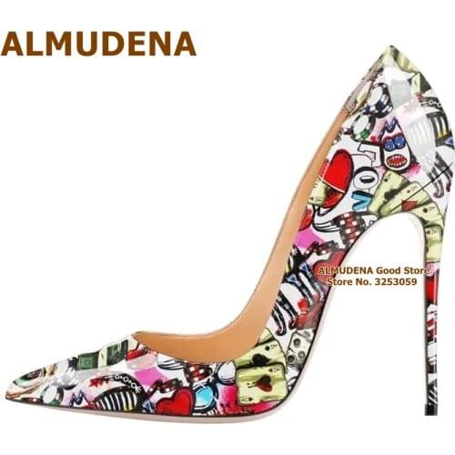 ALMUDENA Heart Shaped Poker Printed High Heel Shoes 12cm Heel Multi-color Graffiti Wedding Pumps Colorized Patchwork Heels