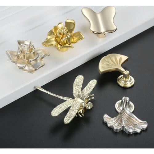 Vintage Knob Fan/Leaf/Flower/Dragonfly/Butterfly Shape Handle Antique Bronze Gold Silver Pull Single Hole Decor Drawer Cabinet