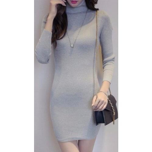 High Neck Mini Knitted Dress Womens Fall Winter Classic Basic Pullovers Sexy Bodycon Elastic Thick Warm Turtleneck Sweater Dress
