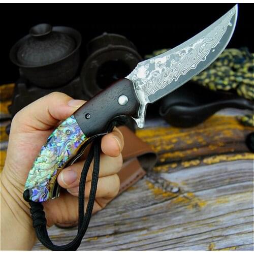 High-end VG10 Damascus steel large bowe folding knife outdoor sharp hunting knife collection knife + high quality leather case