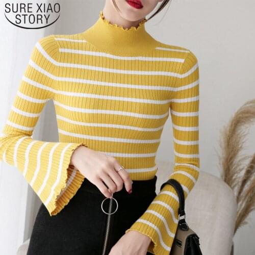 Autumn Winter Knitted Women Sweater Striped Bell Sleeve Korean Long Sleeve Semi-high Collar Sweater Women Slim Sweet 6837 50