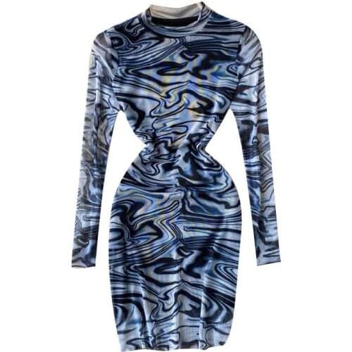 Autumn New Style Ink Wave Temperament Round Neck Slim Short Sexy Hip Skirt Long Sleeve Dress