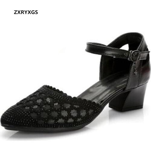 ZXRYXGS Pointed Cowhide Microfiber Mesh Rhinestone Summer Sandals Elegance Shoes 2021 New Fashion Sandals High Heels Black Gray