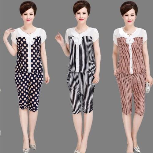 2021 New Summer Plus Size 5XL Two Piece Set Middle-aged Womens Tracksuits Printed Fashion Loose 2 Piece Pants Suits Y839