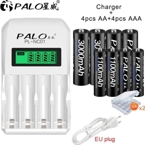 Universal C907W LCD Display Smart Intelligent Battery Charger with 4pcs AA 3000mAh+4pcs AAA 1100mAh 3000mAh Batteries
