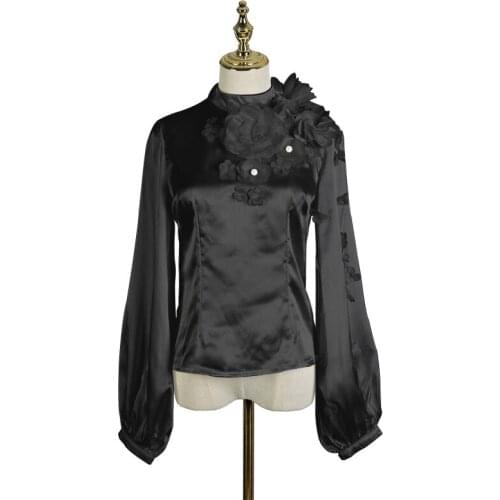 Satin Fabric Shirts Women Three Dimensional Stitching Fiowers Lantern Long Sleeves Stand-Up Collar Tops