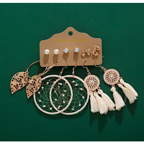 Big Round Beige White Tassel Earrings Set For Women Ethnic Vintage Bohemian Fringe Earring Bride Wedding Jewelry Accessories