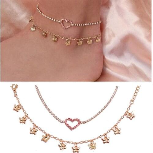 Bohemia Rhinestone Anklets For Women Heart Butterfly Cuban Link Anklet Bracelet on Leg Chain Barefoot Sandales Beach Jewelry