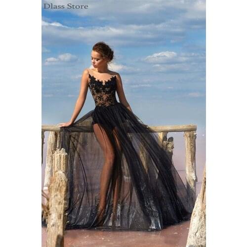 Black Illusion Evening Dress Sexy Applique Tulle A-line For Photography Shoot O-neck Prom Dresses платье для свадебной вечеринки