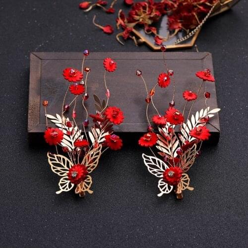 Ancient Chinese Red Flowers Gold Butterfly Crystal Bridal Bride Wedding Barrettes Hairpins Clips Headpieces Hair Accessories
