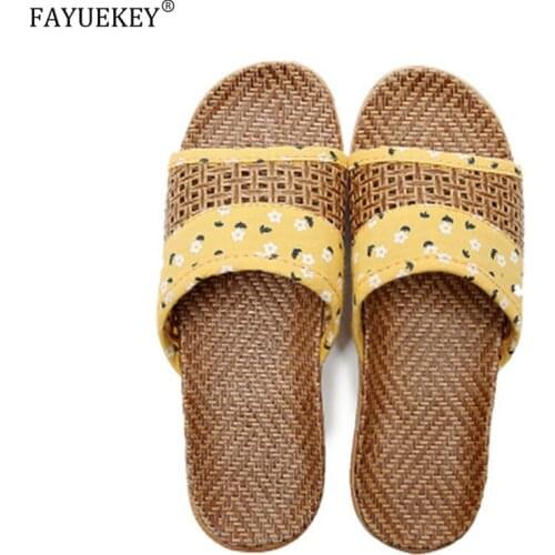 FAYUEKEY Summer Flax Slippers Couples Linen Weave Floral Slides Sandals Women Men Indoor Shoes Home Slippers Ladies Flip Flops