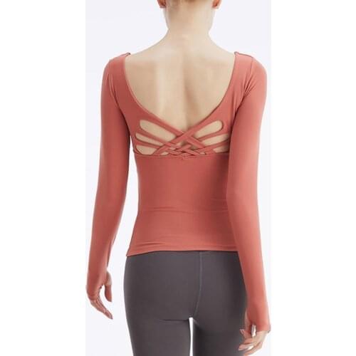 Fitness Women Shirts Long Sleeve Finger Cuff Sports Padded Bra Top Backless Sexy Cross Back Yoga Gym Wear