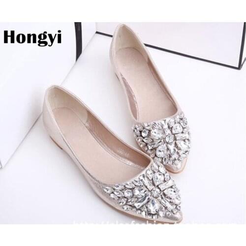 Hongyi New Cheap Price Pu leather pointed toe Rhinestone shoes women comfortable Crystal flats Loafers Daily Casual Shoes