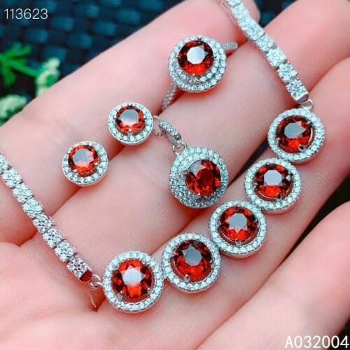 KJJEAXCMY Fine Jewelry 925 sterling silver inlaid natural garnet ring pendant earring bracelet set beautiful supports test