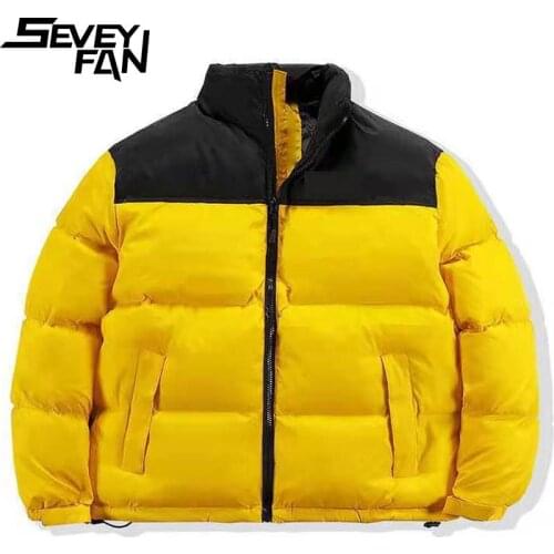 SEVEYFAN Mens Fashion Color Contrast Down Cotton Jacket Winter Loose Patchwork Warm Coat for Couple