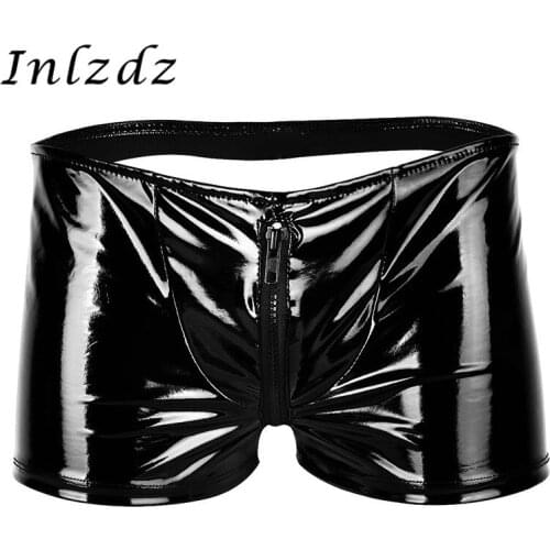 Mens Lingerie Sex Underwear Shiny Metallic Patent Leather Zipper Bulge Pouch Open Butt Boxer Briefs Gay Underwear Sexy Panties