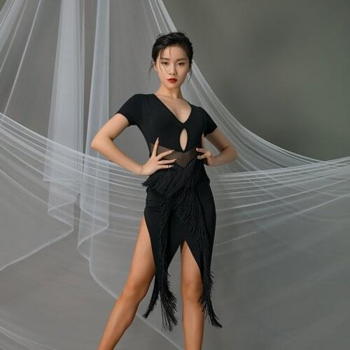 New Modern Ballroom Dance Costume Female See Through Fringe Practice Dress Latin Dance Performance Clothing Rumba Outfit VO986