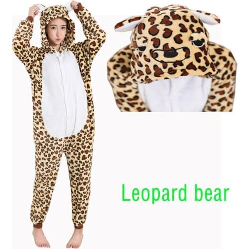 Autumn Winter Pajamas Cosplay Leopard Bear Cartoon Animal Women Onesie Hooded Sleepwear Lounge Underwear Plus Size Bodysuit