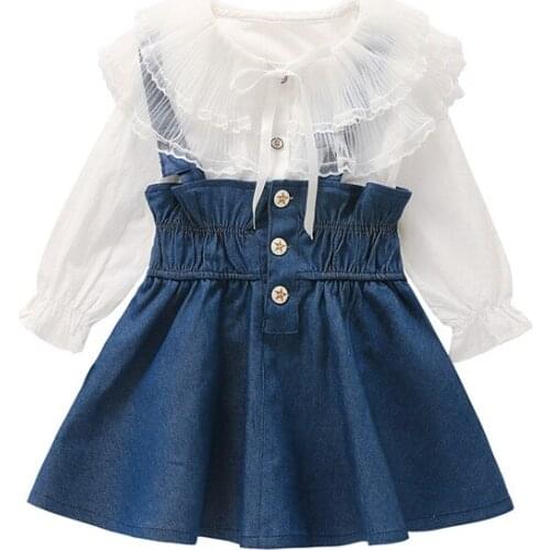 Jargazol Fall Kids Clothes Lace Embroidery Long Sleeve Blouse&Denim Braces Skirt Summer Little Girls Clothing Set Fashion Outfit